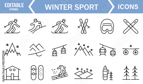 Winter Adventure Icon Pack with Ski Equipment, Mountain Illustrations, and Simple Line Art Graphics