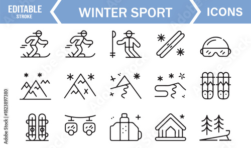 Alpine Sport Icon Set in Modern Linear Style with Skiing, Snowboarding, Lifts, and Resort Symbols