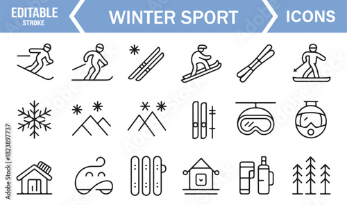 Outline Winter Sport Symbols Featuring Snow Activities, Gear, Mountains, Ski Lift, and Goggles