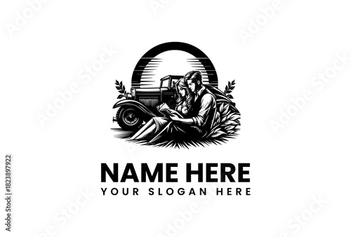 Classic Car and Couple Vector Logo Illustration for Vintage and Retro Design, Customizable Emblem in EPS Format