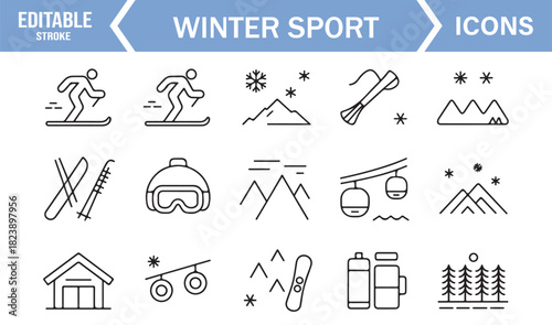 Clean Line Style Icon Pack for Winter Outdoor Sports Including Ski Equipment, Mountain Peaks, and Resort Elements