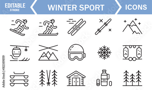 Winter Sports Outline Icon Set Showing Skiers, Snowboarders, Lifts, Goggles, and Alpine Landscapes