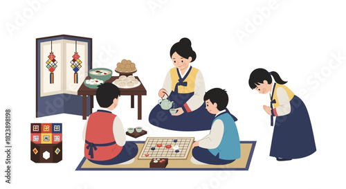 Korean Family Celebrating Seollal with Traditional Games and Food