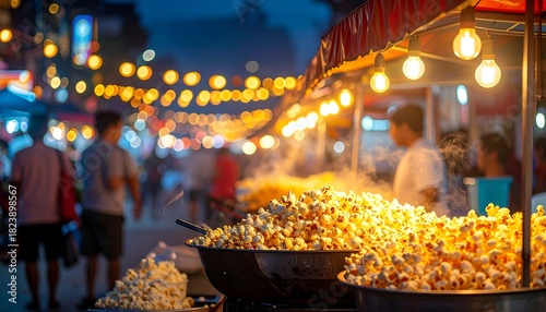 Steaming popcorn at a vibrant night market with blurry figures and illuminated stalls under a darkening sky