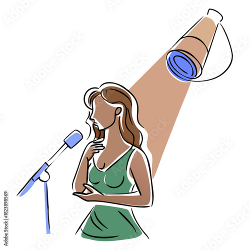 Woman singing into microphone under spotlight in colorful illustration  