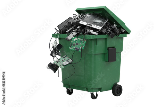 Low angle shot of a green industrial dumpster overflowing with e-waste, circuit boards, and phones on a sterile white background. Environmental pollution concept