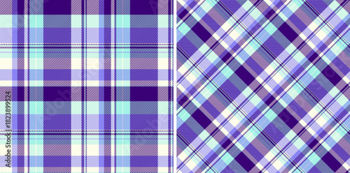 Two vibrant purple  blue plaid patterns. Versatile design for backgrounds, textiles, apparel, and digital art. Classic, timeless,  visually appealing texture.