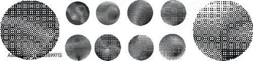 Retro dither circle set for video. Vintage bitmap texture. Bit gradient circles collection for graphic layouts . Pixel gradients effect.