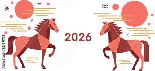 Two geometric horses flank the year 2026 under symbolic suns and linear elements