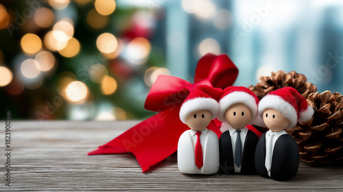 Faceless team building setting with blurred Christmas background, winter collaboration concept, holiday minimalistic design, seasonal dialog promotion, defocused festive elements, 