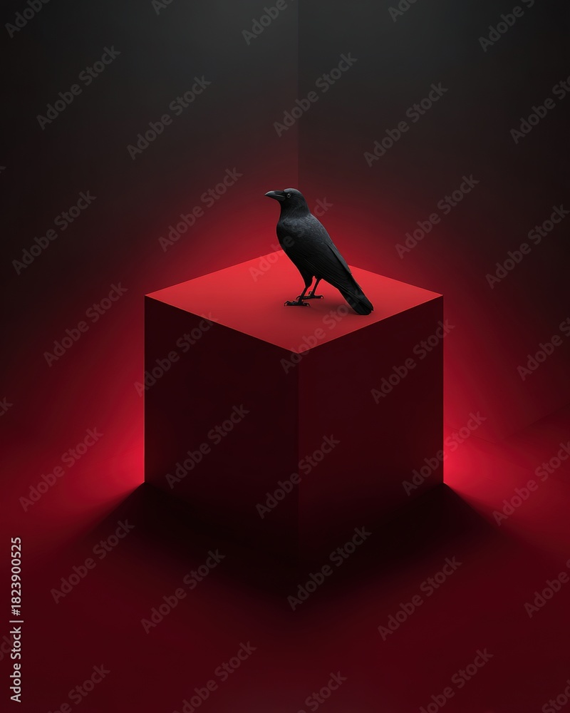 Obraz premium Black crow standing on glowing red cube in dark minimalist studio with dramatic lighting