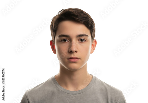 A photo realistic portrait of a young man in a simple setting, boy, face, gray, man, portrait, pose, stare 