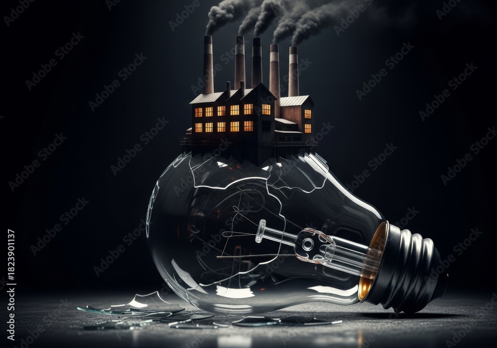 Fototapeta premium Factory on a broken lightbulb, dramatic ominous, symbolizing environmental degradation and industrial impact, against a dark background