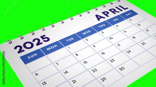 2025 calendar pages flipping from January to December in a close up view, displayed on a green screen background for easy editing and compositing