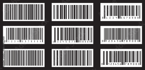 Barcode vector icons. Collection of various black and white barcode icons isolated on a black background. Digital bar codes labels and tags. Bar code for product and sales.