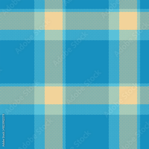 Pixelated plaid pattern in blue, beige, and aqua. Evokes warmth and comfort, ideal for backgrounds, apparel, design projects. Versatile, eyecatching texture
