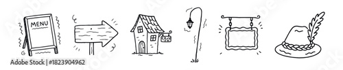 Black-and-white doodle-style set of six rustic illustrations including menu board, bar house, lantern, and feathered hat