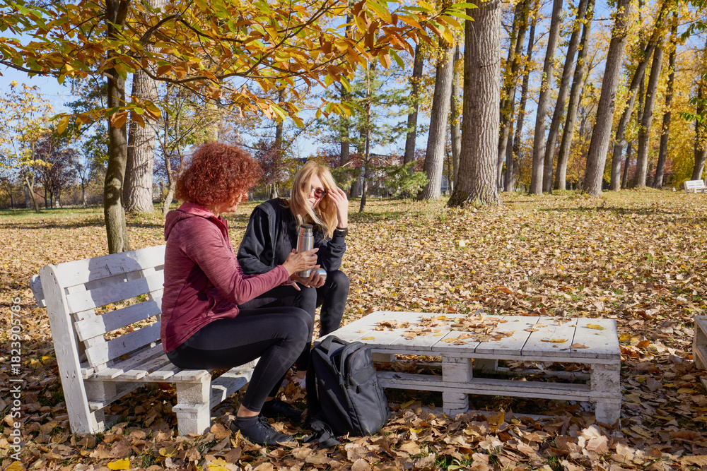 Fototapeta premium A middle-aged woman in the park with her friend is walking and relaxing, chatting and having a snack.