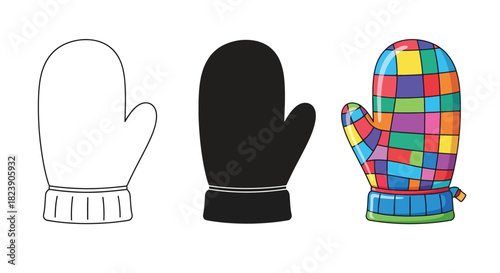 Three winter mittens in different styles an outline, a black silhouette, and a colorful checkered design