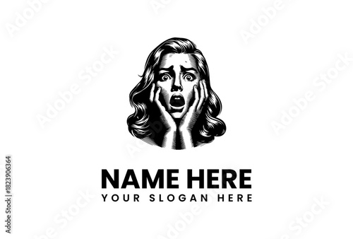 Shocked Woman Vector Logo Illustration Featuring a Scary Face with Wide Eyes and Open Mouth