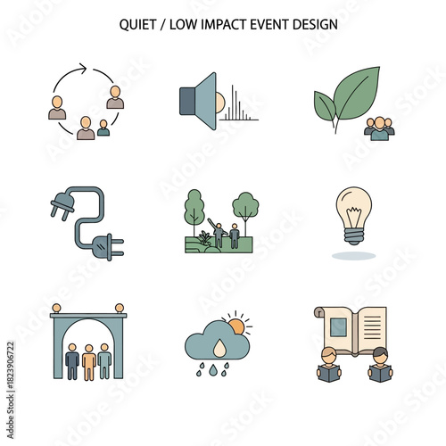 Quiet Low Impact Event Design Principles Icons Set.