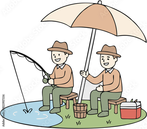 Two Men Fishing Together Under an Umbrella Vector Illustration