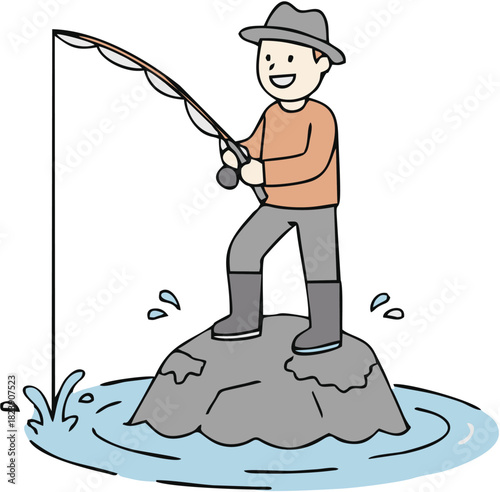 Happy cartoon fisherman with a rod and reel standing on a rock, enjoying a relaxing day of angling as a recreational hobby