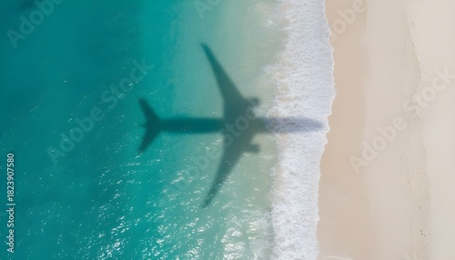 Aerial view of a passenger airplane flying low over a tropical beach and ocean