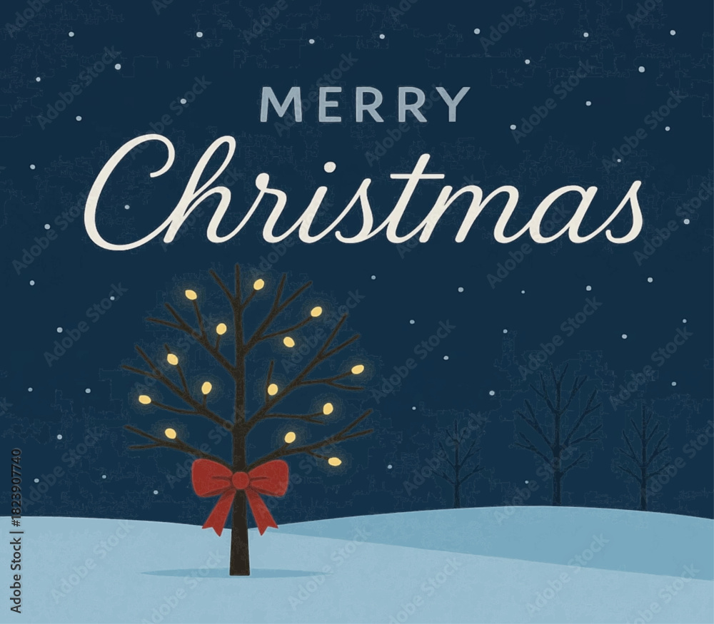 Fototapeta premium Minimalist Merry Christmas Tree Illustration with Lights and Snowy Night Background