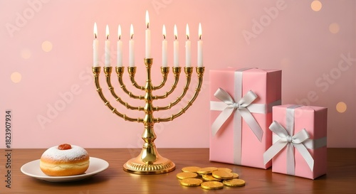 Lit Golden Menorah with Hanukkah Symbols - Candles, Gift Boxes, Sufganiyah Donut - Cozy Holiday Still Life