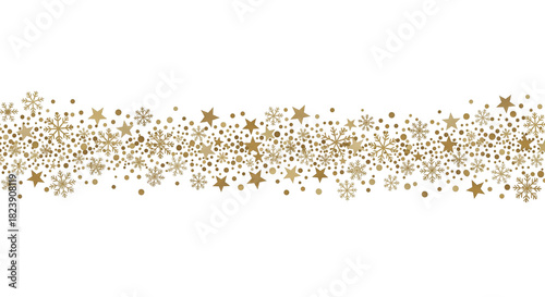 A horizontal, uninterrupted winter border strip on a transparent background, consisting of isolated gold snowflakes, stars, and dots.