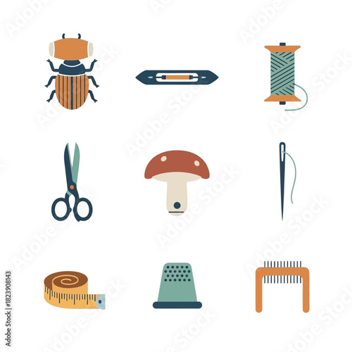 Sewing and Crafting Tools and Natural Elements Illustration.