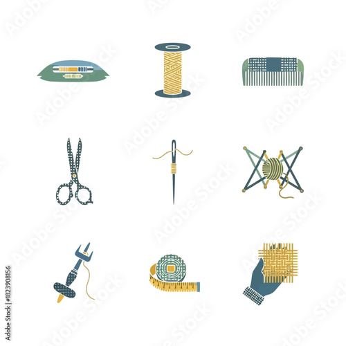 Sewing and tailoring tools collection, including pincushion, thread spool, comb, scissors, needle, yarn winder, bobbin, measuring tape, and fabric.