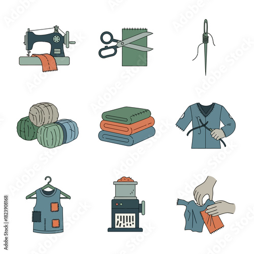 Sewing and tailoring tools and equipment for clothing production.