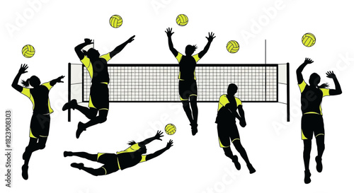 Dynamic volleyball team in action practicing skills and teamwork, perfect for sports marketing or athletic training visuals, showing energy and competition