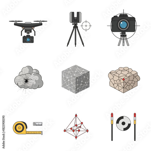 Surveying tools and digital mapping concepts icon set.