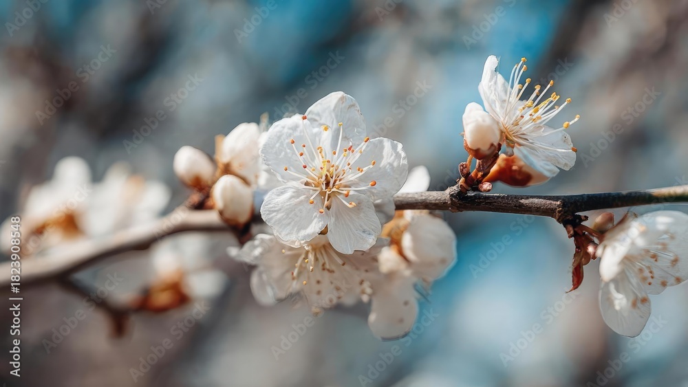 Obraz premium Close-up of white blossoms blooming on a branch with yellow stamens against a blurred blue background. Concept Close-Up Flowers, White Blossoms, Yellow Stamens, Blue Bokeh, Shallow Depth of Field