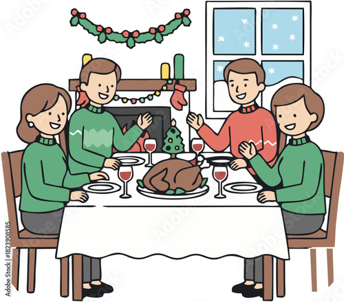 A heartwarming illustration of a family and friends gathering for a festive winter holiday meal, sharing joy and delicious food around a beautifully decorated dining table in a cozy home setting