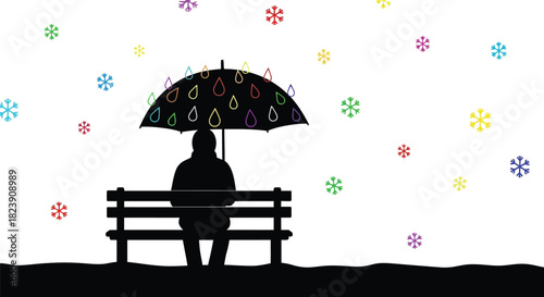 Person silhouette a bench holding a colorful umbrella with raindrops, surrounded by falling vibrant snowflakes