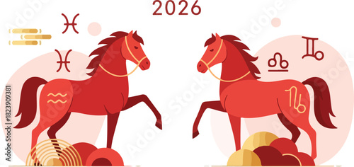 Two red horses face each other year 2026 above surrounded by astrological symbols