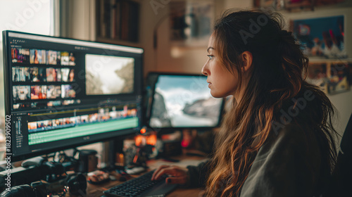 Passionate female video editor creating stunning content with modern software, bringing stories to life with dedication and focus in her creative workspace