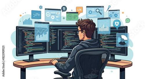 Software Engineer Developing Program Code with Multiple Screens Displaying Data and UX Elements for Web Development Projects