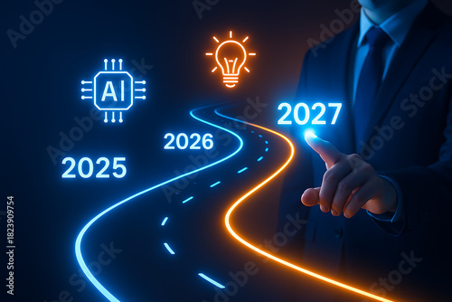 close up of a hand pointing to 2027 on a glowing orange and blue digital road representing the future of artificial intelligence machine learning and strategic business technology development timeline