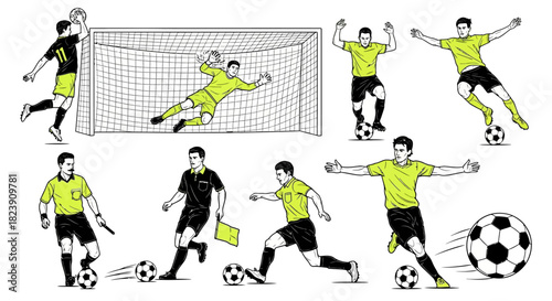 Dynamic soccer action with players and referees, ready for the big game or training session with vibrant energy and intense focus, perfect for sports content