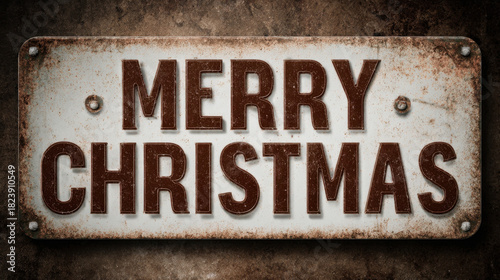 Vintage metal sign with brown lettering saying merry christmas on a distressed white surface