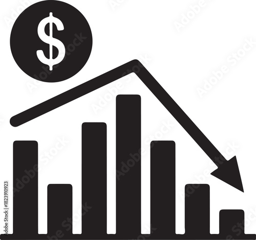 Black dollar sign coin above falling bar graph and arrow icon finance decline