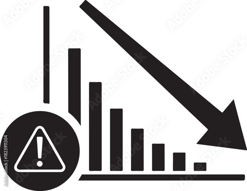 Black icon of a declining bar chart with a warning symbol and downward arrow graph
