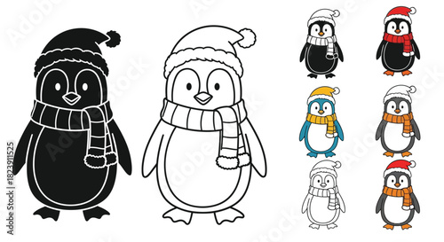 Cute cartoon penguins wearing winter hats and scarves, in black, outline, and colored styles