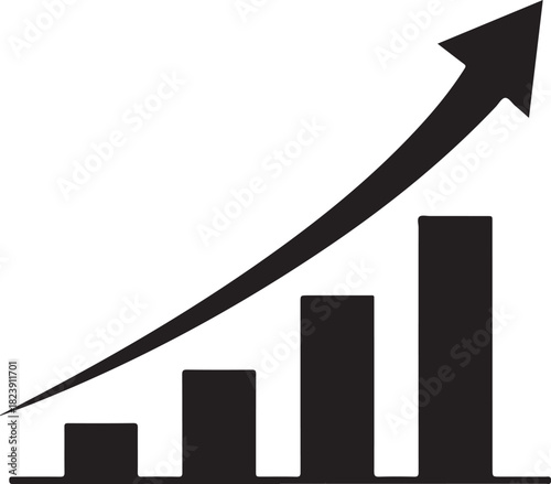 Black rising bar graph with upward arrow icon on white background growth success