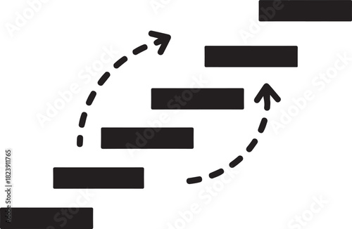 Black steps with dashed arrows indicating upward and downward movement stairs